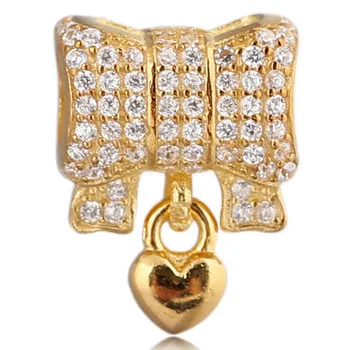

Original Gold Color Shine Heart & Bow With Crystal Pendant Beads Fit 925 Sterling Silver Bead Charm Bracelet DIY Jewelry