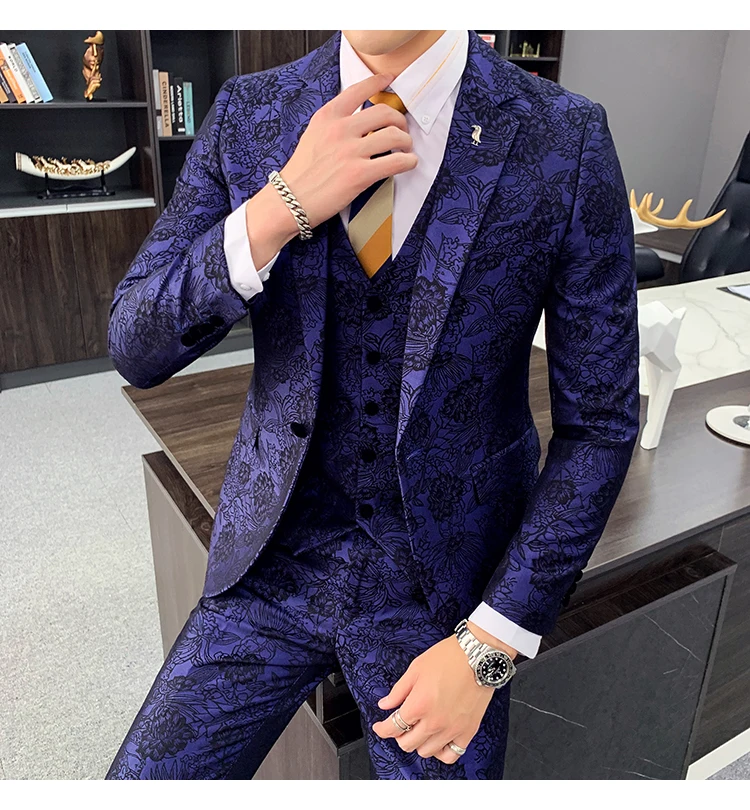 Цветочный жаккардовый костюм для мужчин Slim Fit коричневый бордовый темно-синий костюм для жениха из трех частей DJ партии выпускного вечера сценический костюм Q882