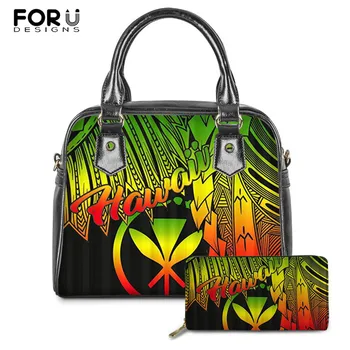 

FOURDESIGNS Gradient Polynesian Hawaii Pattern 3set Luxury Women PU Tote Bag Vintage Large Shoulder Bag For Ladies Female Wallet