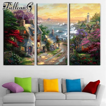 

FULLCANG diy large triptych 5d diamond painting seaside house mosaic embroidery sale landscape full square round drill FC2582
