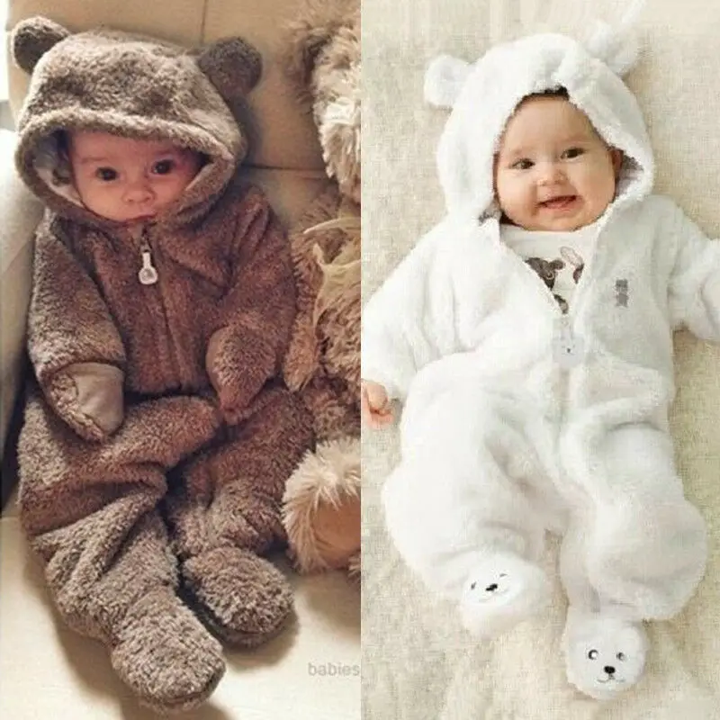 Newborn Winter Warm Boy Bear Velvet Outfits Jumpsuit Romper Baby Girl Clothes 