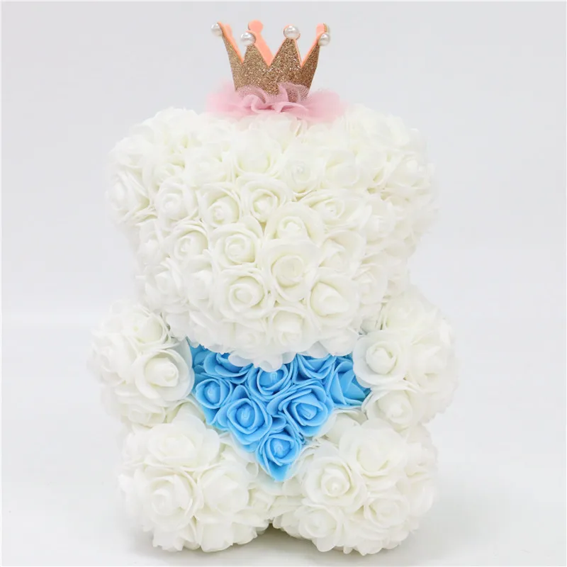 White and blue 28 см Корона Сделай Сам плюшевый медведь Роза+ коробка Искусственные из ПЭ цветок медведь Роза День Святого Валентина подарок для подруги женщины жена мать день - Цвет: White and blue