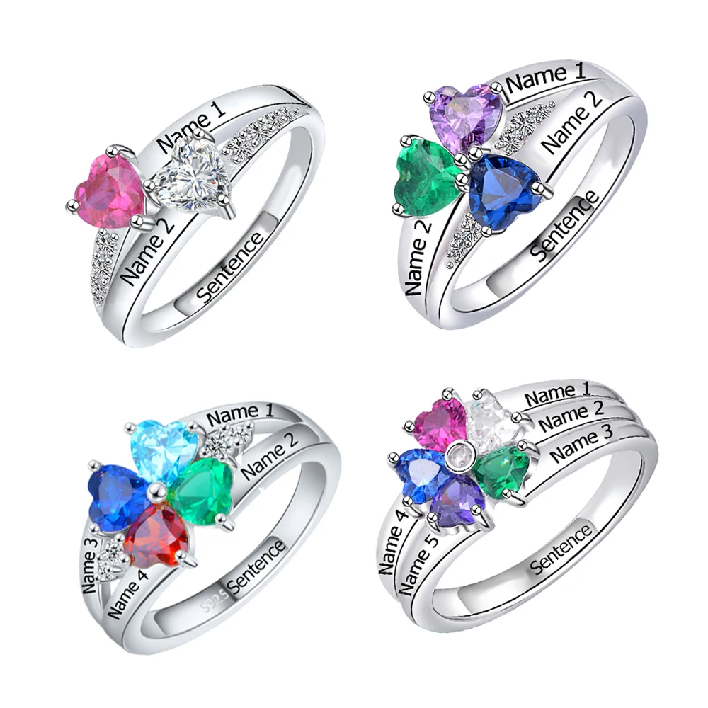 

925 Sterling Silver Rings Custom Heart Birthstone Ring with 2-5 Names Personalized Fine Jewelry for Women Mother Day's Gift