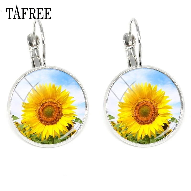 TAFREE подсолнечника фото клип серьги стекло, кабошон, серебро цвет ручной работы любимый подарок маме ювелирные изделия XR16
