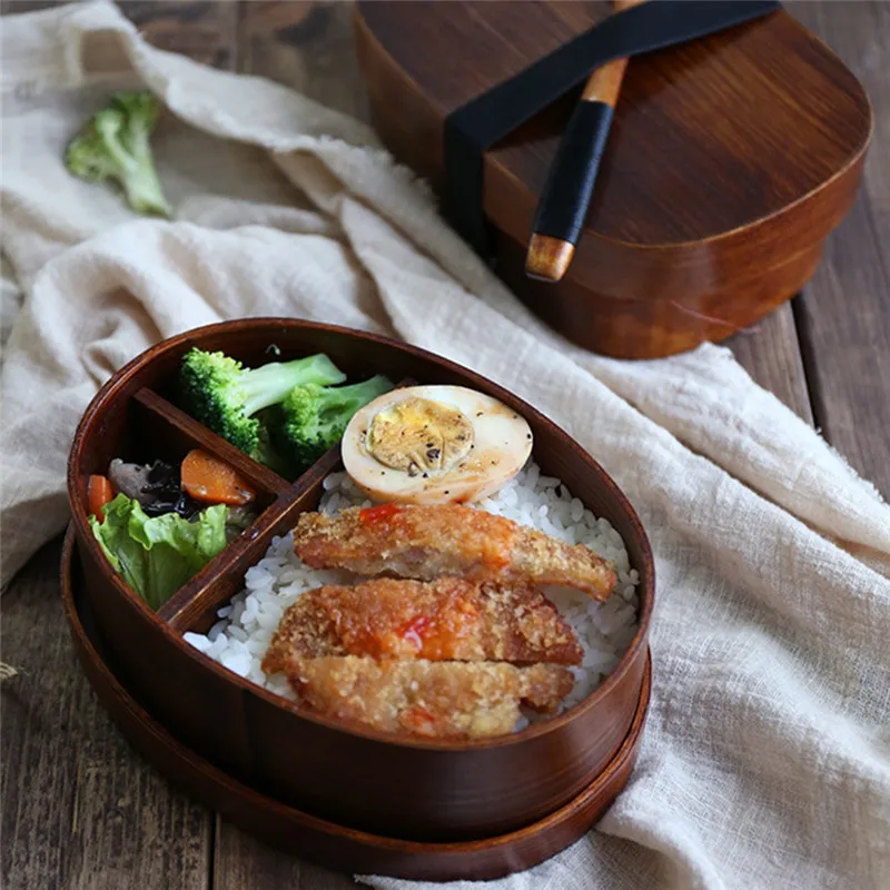 Imixlot Oval Wooden Lunch Box Japanese Single Layer Wooden Sushi Box Tableware Portable Bento Container Box Student Supplies