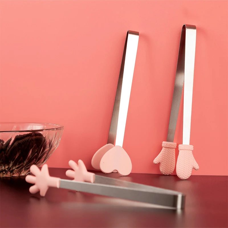 Food Tongs Creative Small Palm Heart Silicone Food Tongs Ice Candy Kitchen Stainless Steel Non-slip Mini Tongs Mini Food Serving Utensil