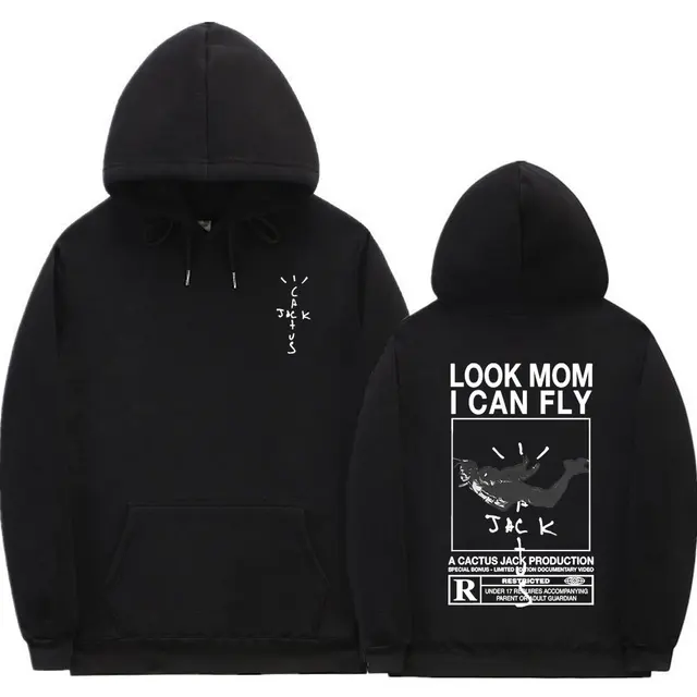 Cactus Jack Hoodie Men Women Double-sided Logo Print LOOK MOM I CAN FLY Travis Scott Hoodies Unisex Fashion Hip Hop Streetwear Q02159-black