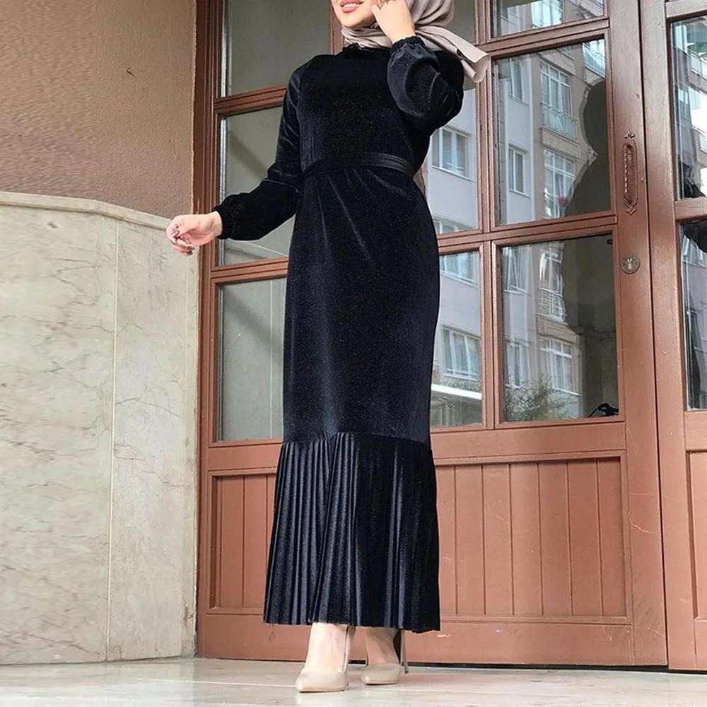 black dress Женская плиссированная бархатная абайя кафтан Дубайский хиджаб мусульманское платье турецкие платья абайя s кафтан Пакистан Саудовская Турция Исламская одежда - Цвет: black dress