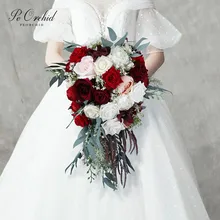 Peorchid Bourgondië & White Bridal Boquet Waterval Weding Bloem Boeket Cascade Kunstmatige Vintage Bruid Bouquet De Fleur Mariage