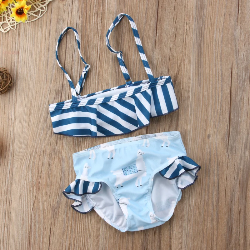 New Family Bikini Baby Girls Kids Cartoon Animal Printed Tankini Little&Big Sister Stripe Bikini Set One Piece Swimwear Swimsuit