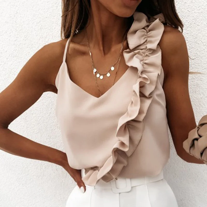 silk blouses Women Summer Blouse Shirts Sexy V Neck Ruffle Blouses Backless Spaghetti Strap Office Ladies Sleeveless Casual Tops women's shirts & tops