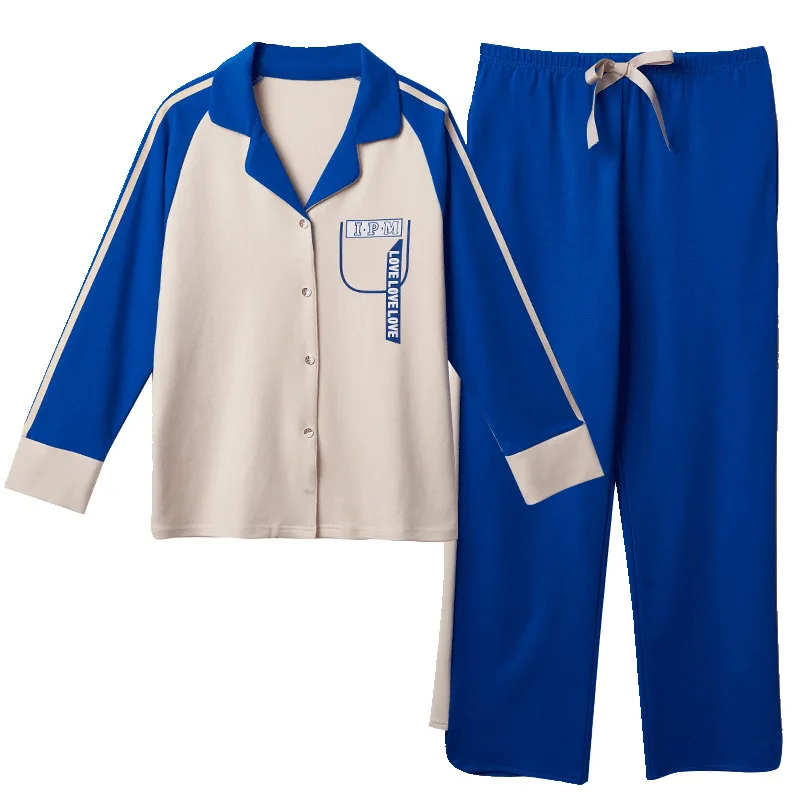 Новинка, женские пижамные комплекты осень-зима с длинным рукавом и отложным воротником, с мультяшным принтом, хлопковые синие брюки, пижамы, домашняя одежда