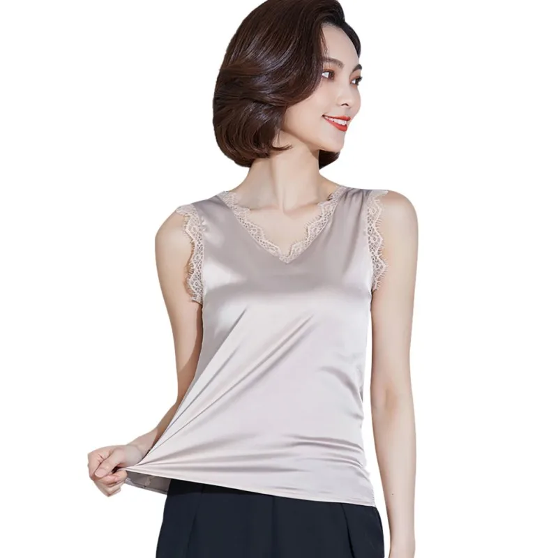 

Summer Lace Trim Tops Woman Sexy Ladies Camisole Bottom Shirt V-neck Cropped Sleeveless Soft Satin Tank Top