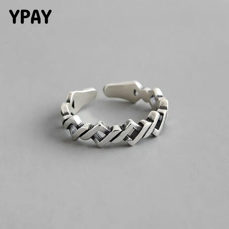 

YPAY 100% Genuine 925 Sterling Silver Open Rings for Women Korea Vintage Interwoven Adjustable Ring Fine Party Jewelry YMR955