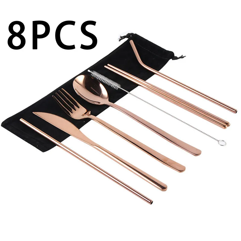 8pcs Stainless Steel Fork Spoon Cutlery Chopsticks Straw Set Home Hotel Dining Table Decor