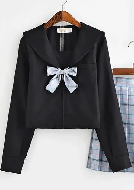 Autumn Japanese School Uniforms For Girls Cute Long-length Sailor Tops Pleated Skirt Full Sets Cosplay Jk Costume Series xl - Цвет: Black Coat