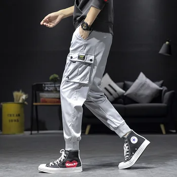 

Autumn Black Patchwork Fashion Men Hip Pop Gray Loose Pant Plus Size trousers Sweatpant Casual Side Pocket water-washed Pants