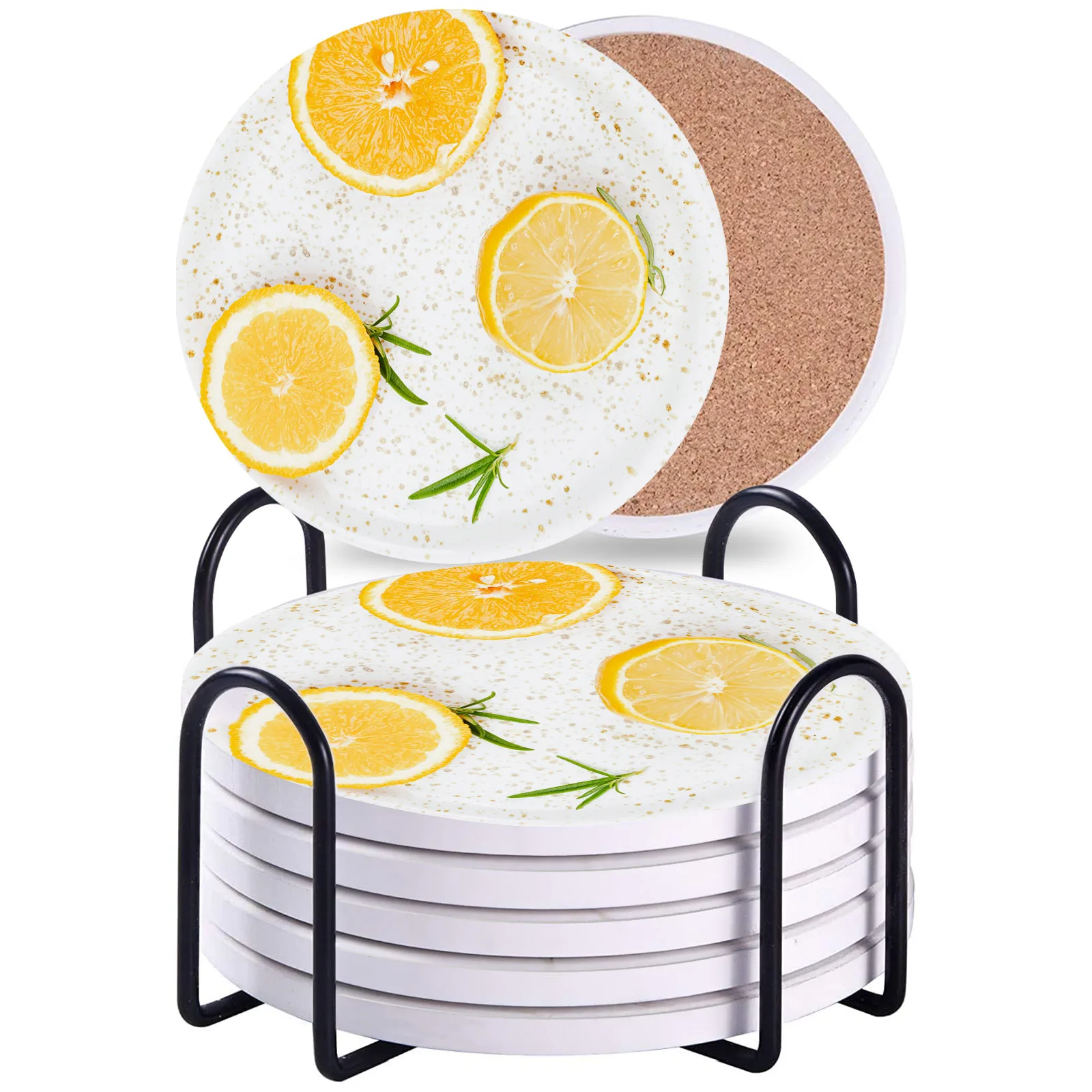 Drink Coasters with Holder, Lemon Pattern Absorbent Coaster with