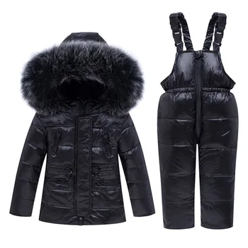 

Winter Warm Children's solid Clothing sets Real Fur Baby Girl Parka Down Snowsuit Kids Ski Suit Children Down jackets+Jumpsuit