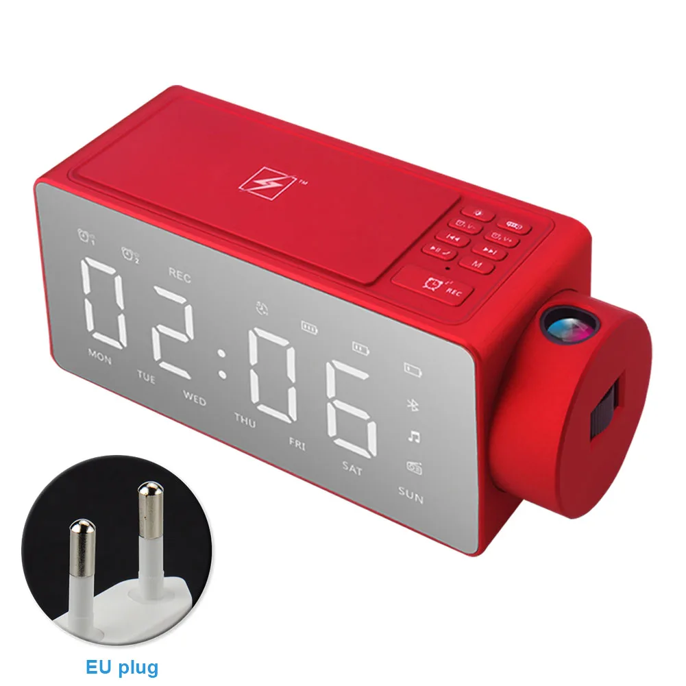 Projection Alarm Clock Smart Wireless Charging FM Radios DIY Ringtone Music Playing Bluetooth Speaker Bedroom One-Click Snooze - Цвет: Black EU