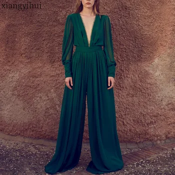 

Green Loose Chiffon Wide Leg Rompers Women Full Length Pants Sexy Deep V Neck Party Beach Jumpsuit High Waist Overalls