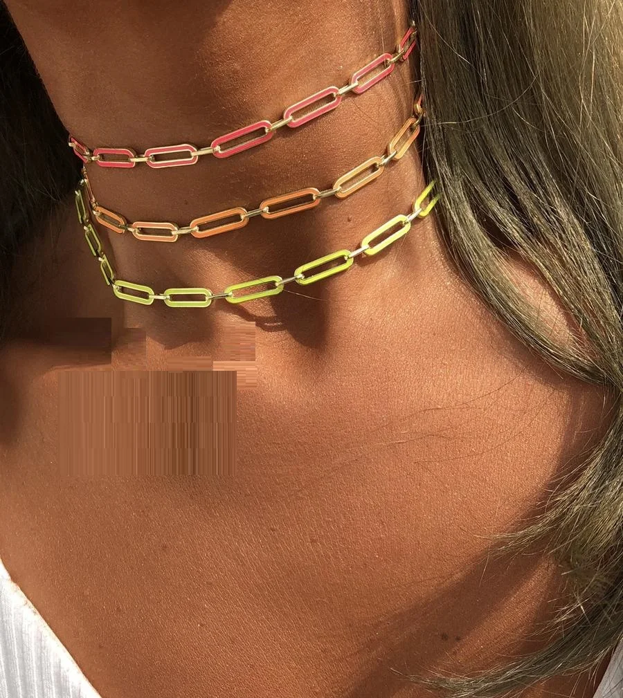 Neon Enamel Colorful Women Summer Jewelry Gold Color Rectangle Link Chain Choker Necklace