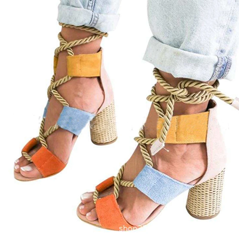 

Summer High Heel Sandals Women Lace-up Color Matching Gladiator Ladies Sandals Fashion Ankle Strap Wedges Shoes For Women VT786