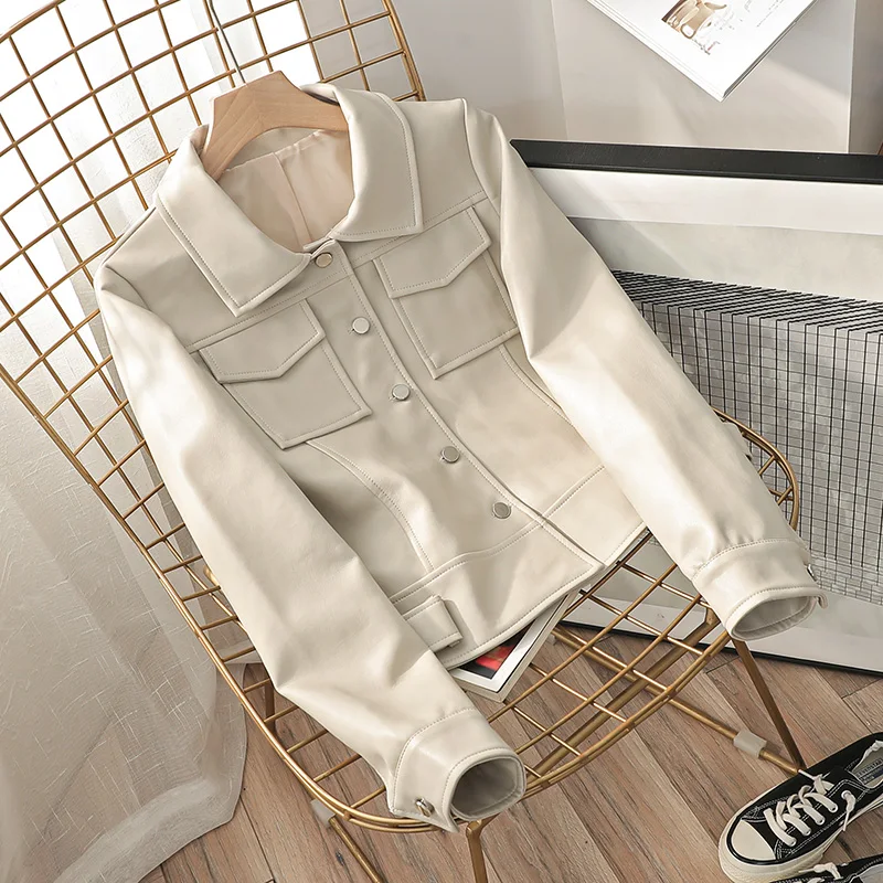 

2020 Autumn Women New White Short Slim Faux Leather jacket Waist With belt Plus size Streetwear Motorcycle Leather jacket Female