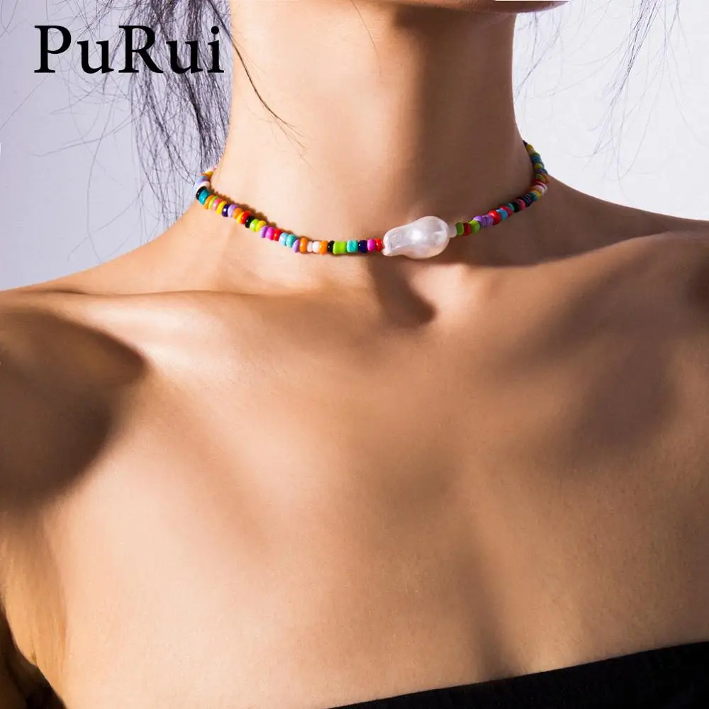

PuRui Bohemian Colorful Beaded Choker Necklace for Women Baroque Imitation Pearl Pendant Beads Chain Necklace Fashion Jewelry