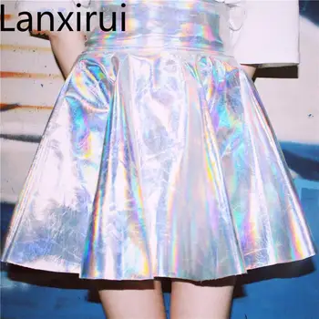 

Summer Women Harajuku Skirt Silver Holographic Hologram Metallic High Waist Tutu Skirt Kawaii Female Skirts Faldas Ball Gown