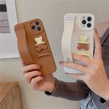 13 Case Cute Bear Sweet Silicone Strap Holder Stand Cover for iPhone 12 Pro Max XR XS 7 8  Plus XS MAX 11 Lens Protector Cases