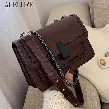 

ACELURE Vintage PU Leather Mini Crossbody Bags for Women Metal Chain Design High Quality Shoulder Messenger Bags Female Handbags
