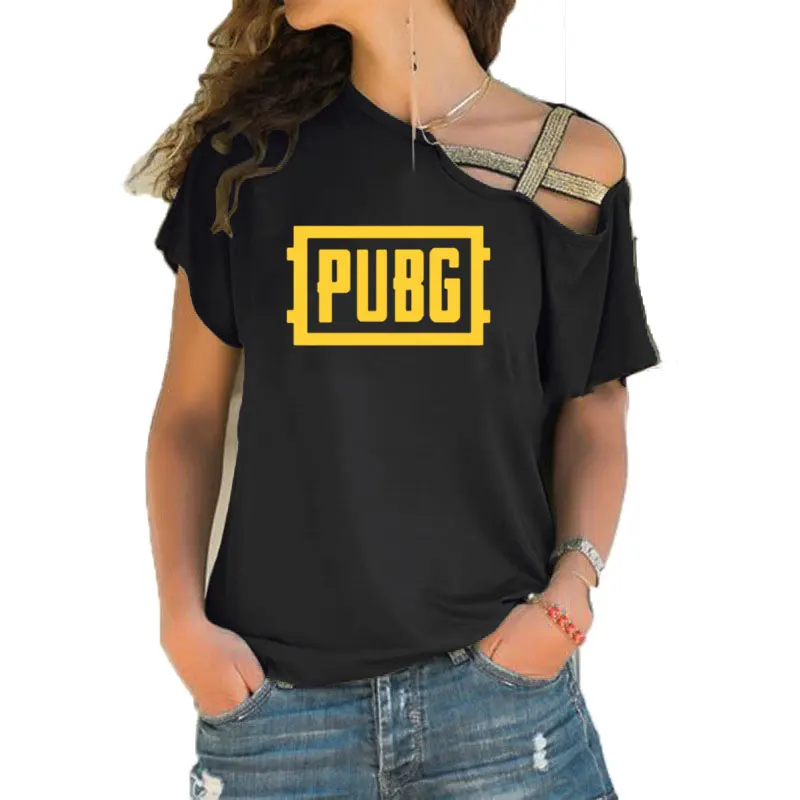 

PUBG PLAYER UNKNOWN'S BATTLEGROUNDS T Shirt Women Short Sleeve game fans gift Girls T-shirt Irregular Skew Cross Bandage Tee Top