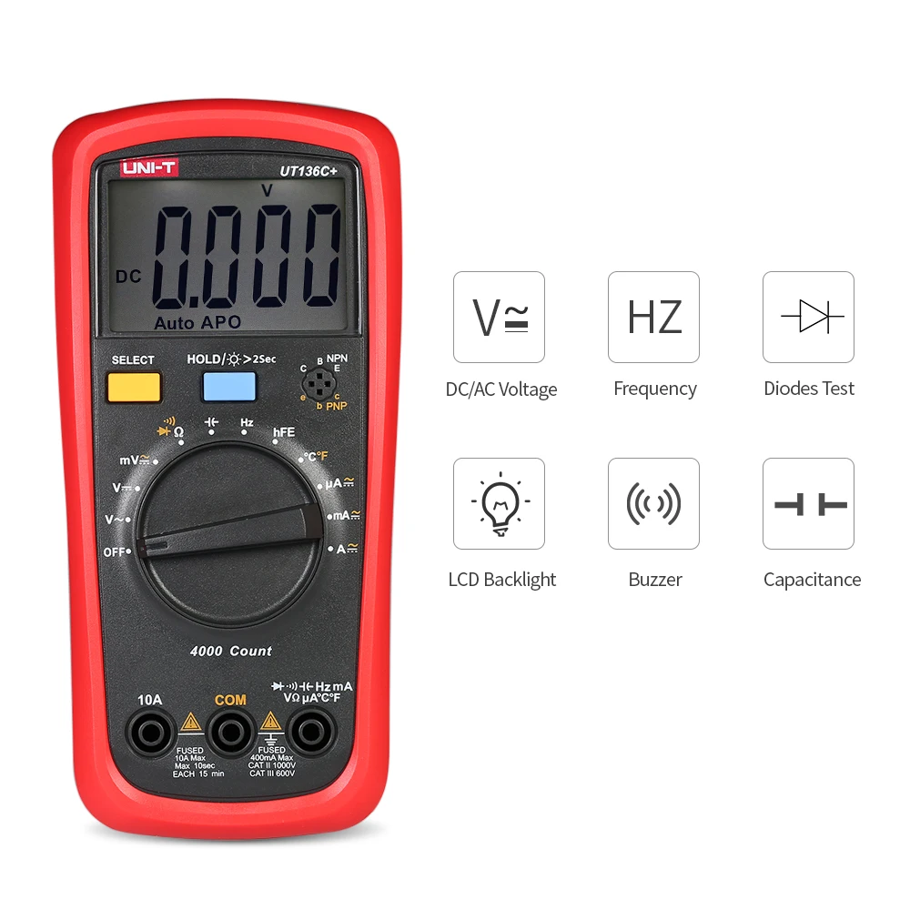 UT136C+ ЖК-цифровой мультиметр DC/AC напряжение измеритель тока Емкость Сопротивление диод тест er Вольтметр Амперметр+ тестовый провод