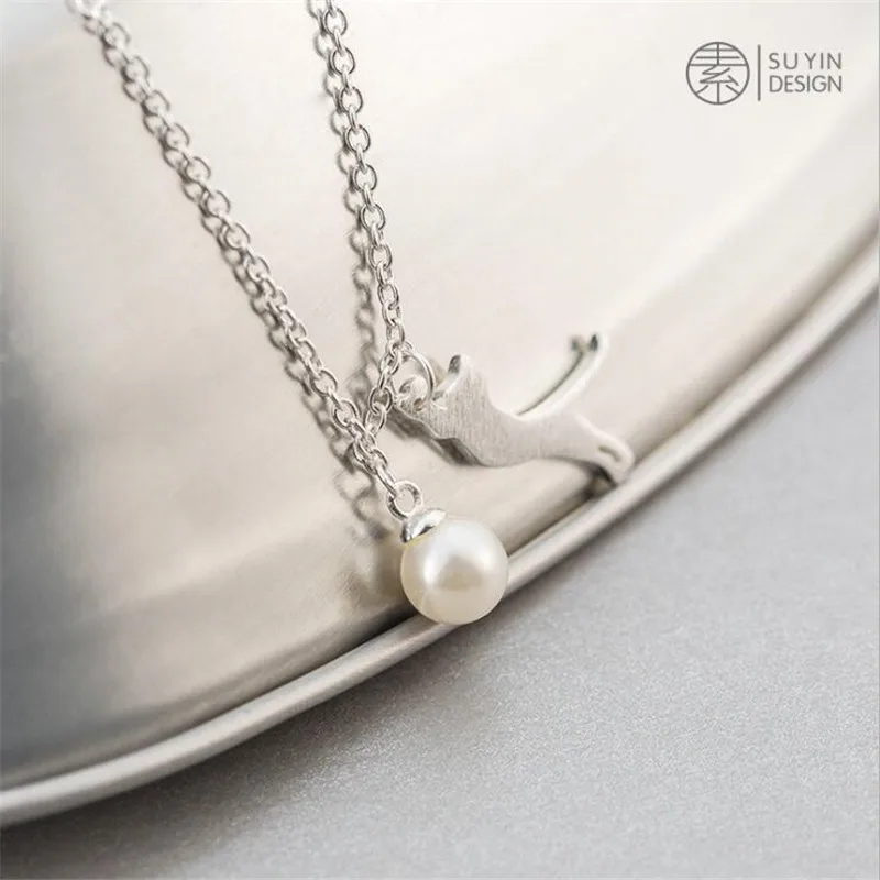 New Fahion Cute Kitten Pearl 925 Sterling Silver Jewelry Sweet Cat Animal Temperament Clavicle Chain Necklaces H484 - Image 4