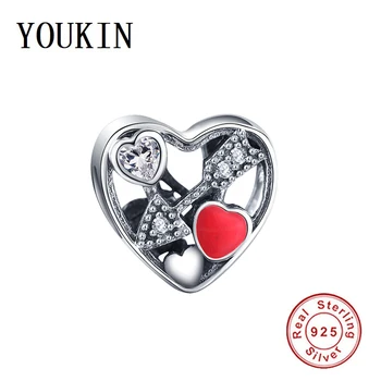

925 Sterling Silver Cupid Arrow Beads for Women Jewelry Fit Original Pandora Bracelet Pink Enamel Heart Love Charms DIY Pulseras