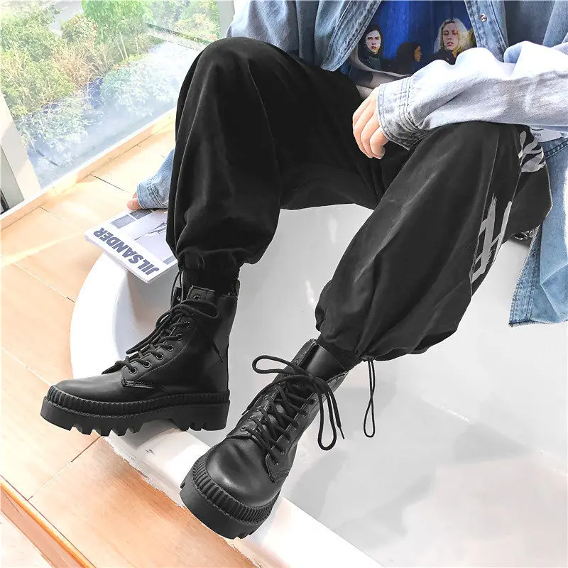 Winter 2021 New Black Thick Cloth Bottom Mid Top Boots Men Autumn British Trend High Top Boots Casual Shoes Men's Boots