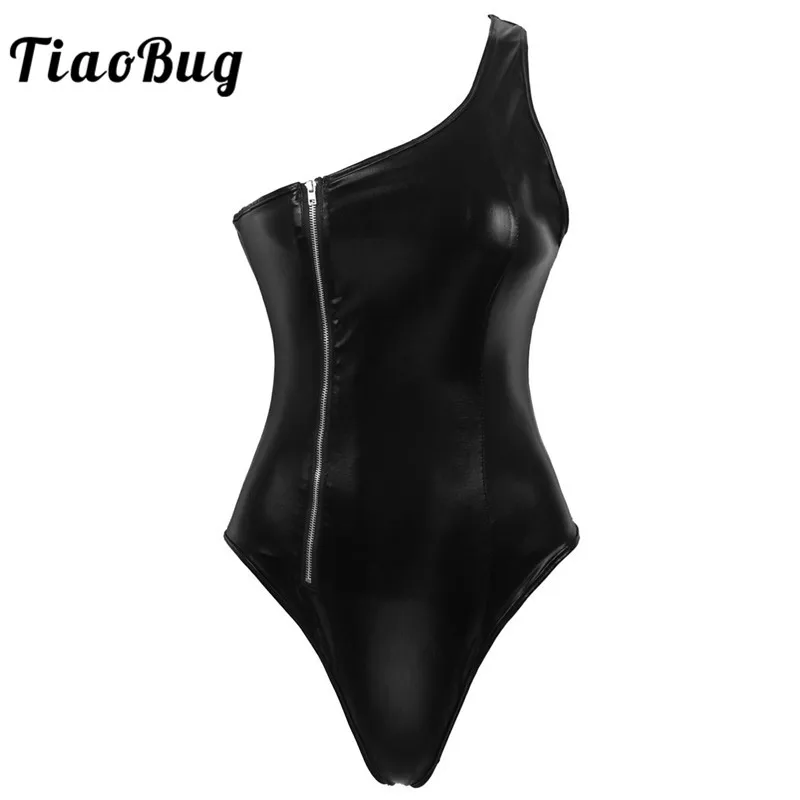 

TiaoBug Women Sexy Bodysuit Black Wet Look Patent Leather One-shoulder Zipper Leotard Nightclub Party Rave Pole Dance Costume