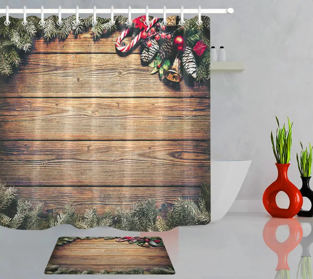 Rustic Wooden Board Shower Curtain Fir Leaves Pine Cones Bell Christmas Bathroom Decor Bathtub Waterproof Fabric 12 Hook | Дом и сад