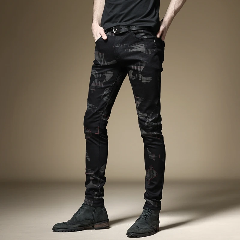 New European and American style men's male black jeans slim trend print pants hip-hop summer casual denim trousers 2