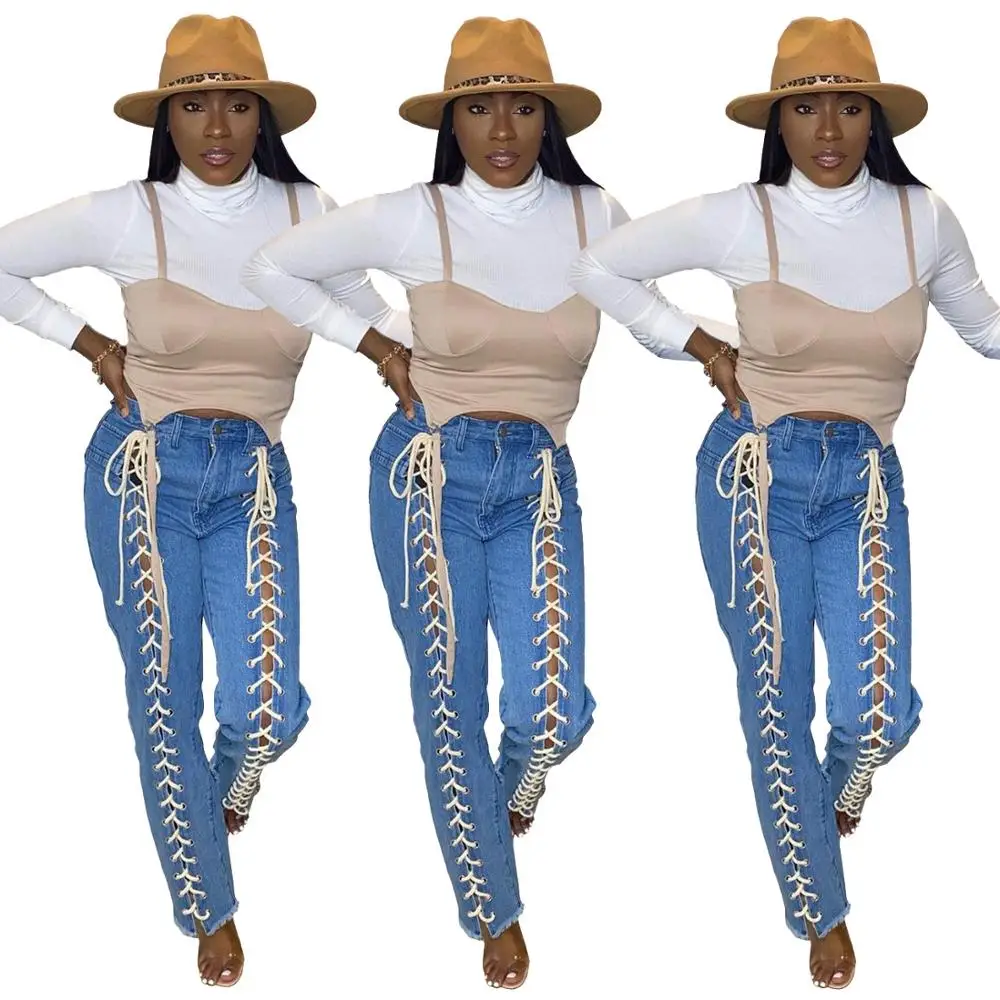 

Echoine High Waist Bandage Grommet Hollow Out Sexy Pencil Pants Blue Denim Trousers Women Streetwear