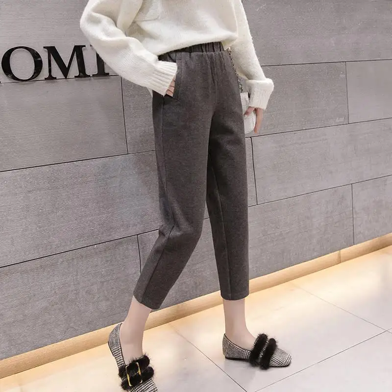 

Women's Winter New Warm Woolen Pants Female Harem Pants Feet Nine Pants High Waist Woolen Casual Carrot Pants S-2XL Laides Black Gray Woolen Pants
