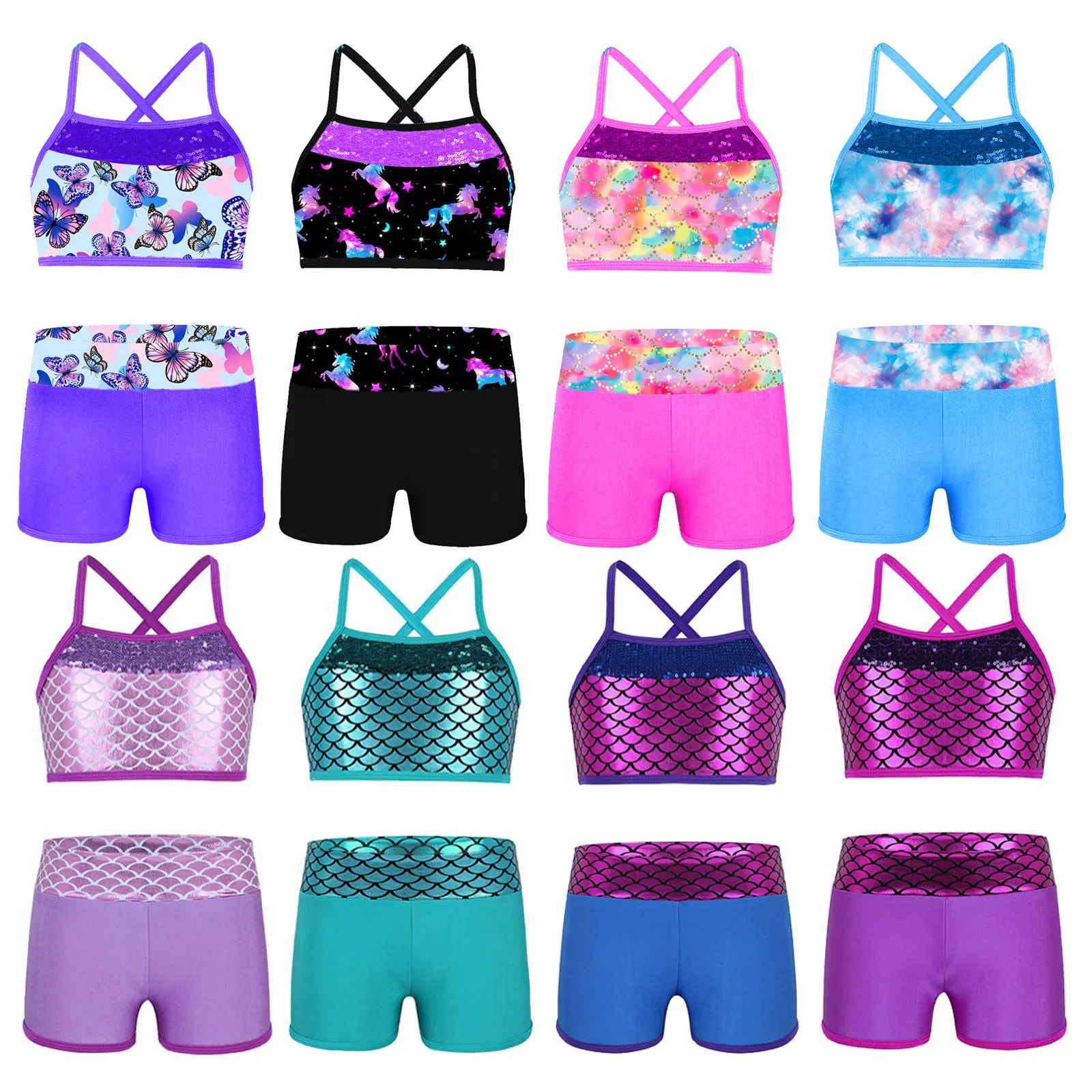 

Kids Girls Ballet Dancewear Set Workout Gymnastics Outfits Sleeveless Shiny Sequins Tank Top With Shorts Bottoms Tankini Outfit