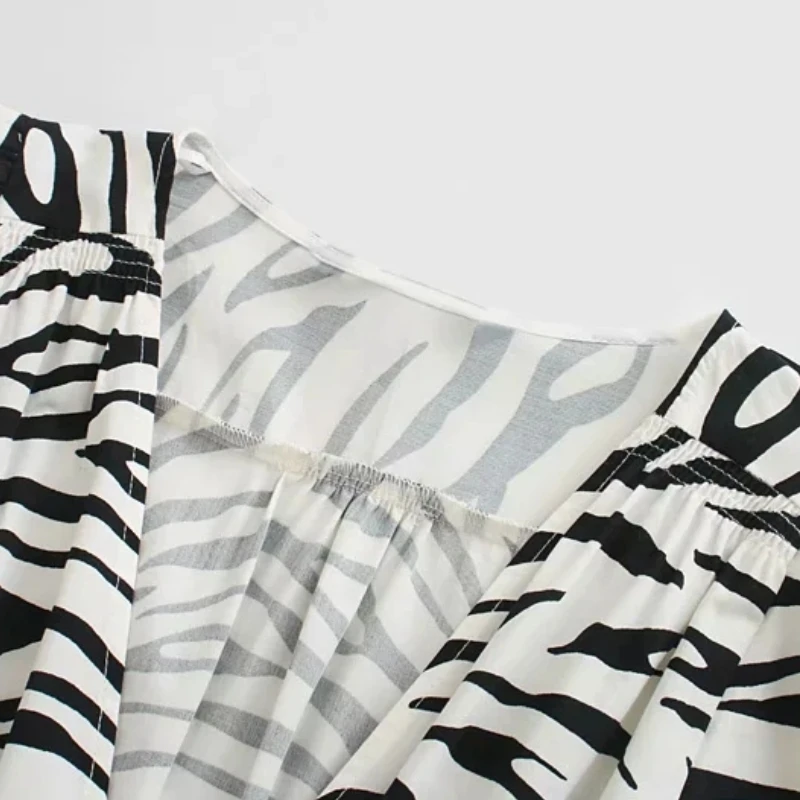 Women Zebra stripe V-Neck Lantern Sleeve Mini dress Femme Ruffled hem Dresses Casual Lady Loose Clothes Vestido D6513
