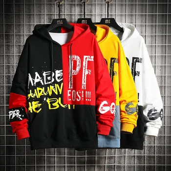 

Hoodies Men Hooded Plus size color block Sweatshirts Mens Patchwork Korean Style Trendy Students Pullovers
