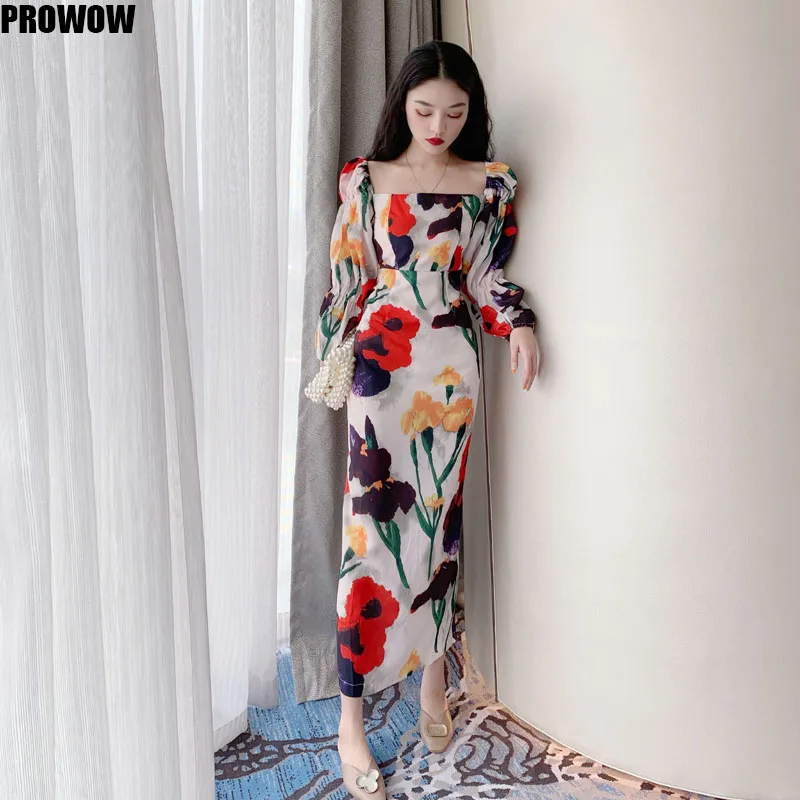 2020 Summer New Elegant Fashion Square Collar Lantern Sleeve Dress Women Flower Print High Waist Vintage Dresses