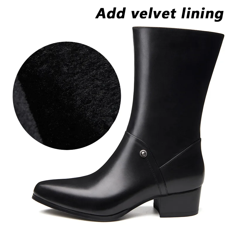 Autumn winter pointed toe lace-up genuine leather boots fashion zip inside plush warm men work boots cowboy Motorcycle boots - Color: Black
