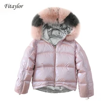 Fitaylor зимняя куртка для женщин натуральный мех воротник серебро Золотой утка вниз пальто двухсторонняя парка с капюшоном Водонепроницаемая молния верхняя одежда