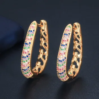 

LUALA 2020 New Designer Circle Round Dangle Multi Colored Cubic Zircon Crystal Dubai Gold Hoop Huggie Earrings for Women CZ589