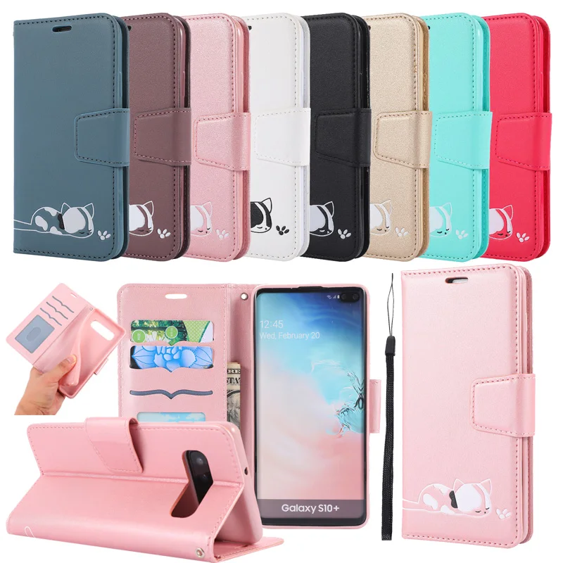 Кожаный флип-кошелек с милым рисунком кота чехол-книжка для телефона Samsung S10 S10E Note